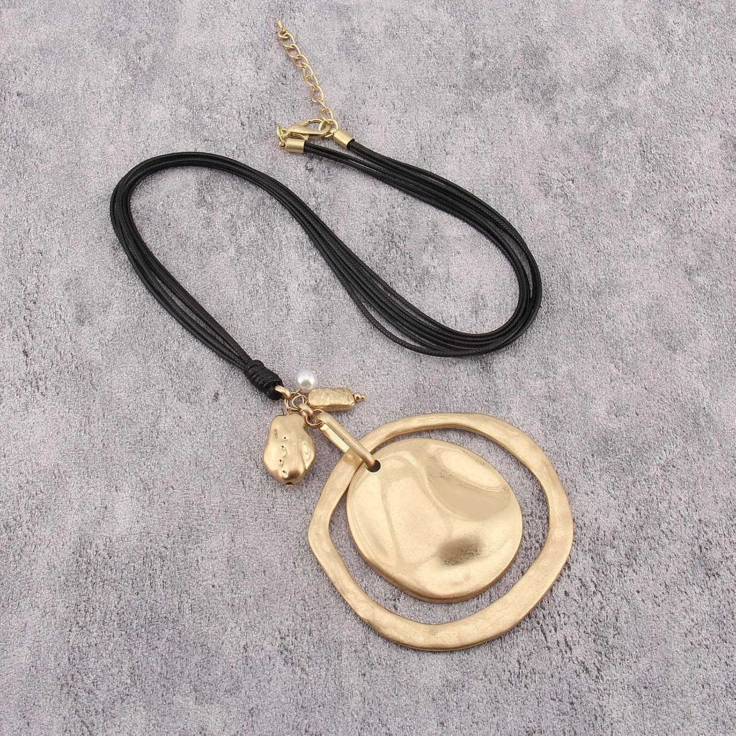 Leather Necklace for Women Large Pendant Hippie Choker Necklace Vintage Sweater Necklace Chunky Boho Necklaces for Women