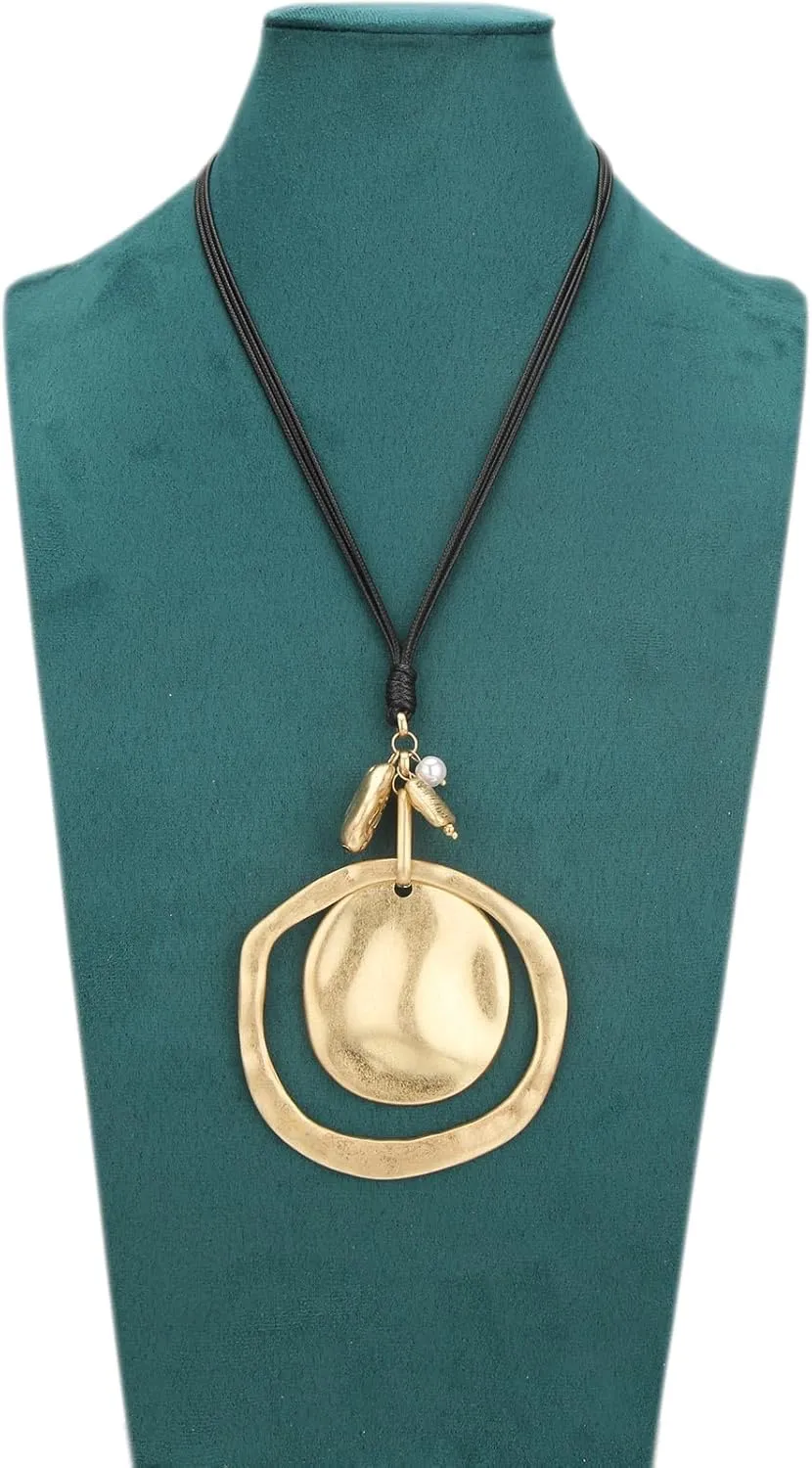 Leather Necklace for Women Large Pendant Hippie Choker Necklace Vintage Sweater Necklace Chunky Boho Necklaces for Women