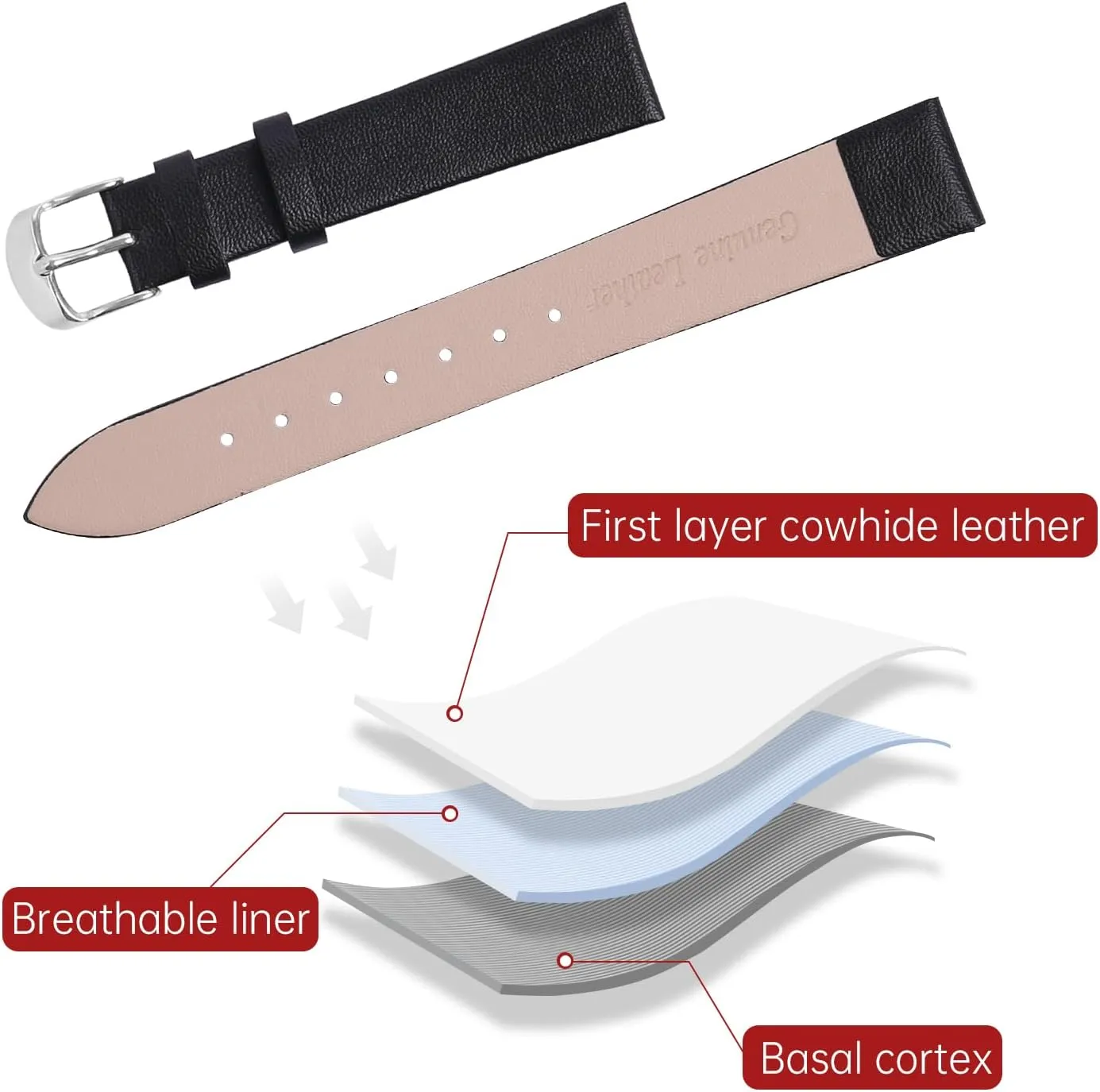 Leather Watch Strap Watch Band Silver Buckle Elegant Leather Watch Strap for Men and Women