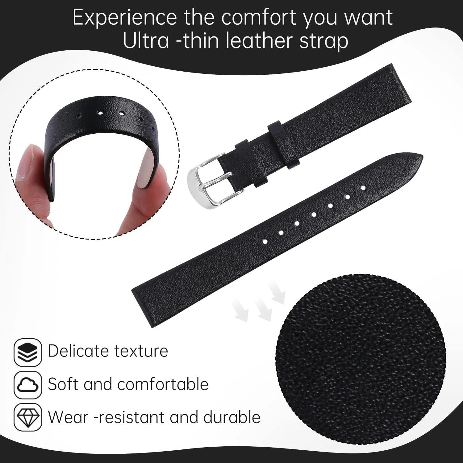 Leather Watch Strap Watch Band Silver Buckle Elegant Leather Watch Strap for Men and Women