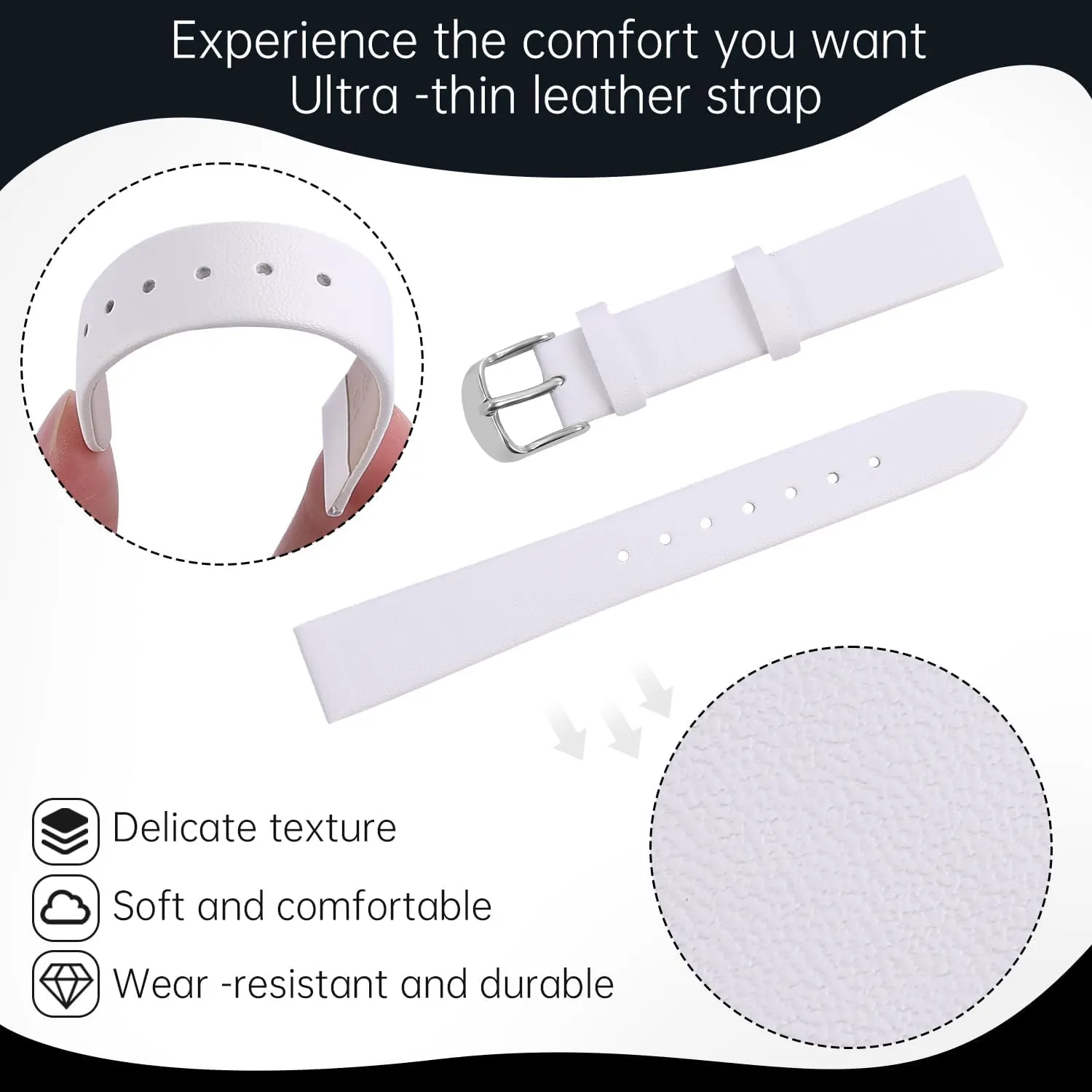 Leather Watch Strap Watch Band Silver Buckle Elegant Leather Watch Strap for Men and Women