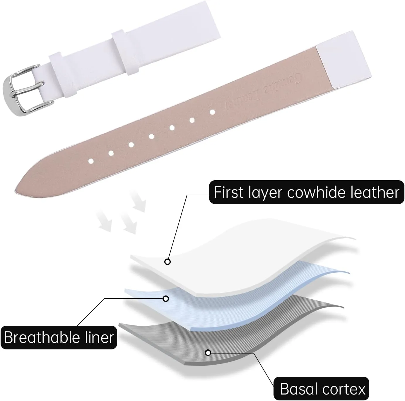 Leather Watch Strap Watch Band Silver Buckle Elegant Leather Watch Strap for Men and Women