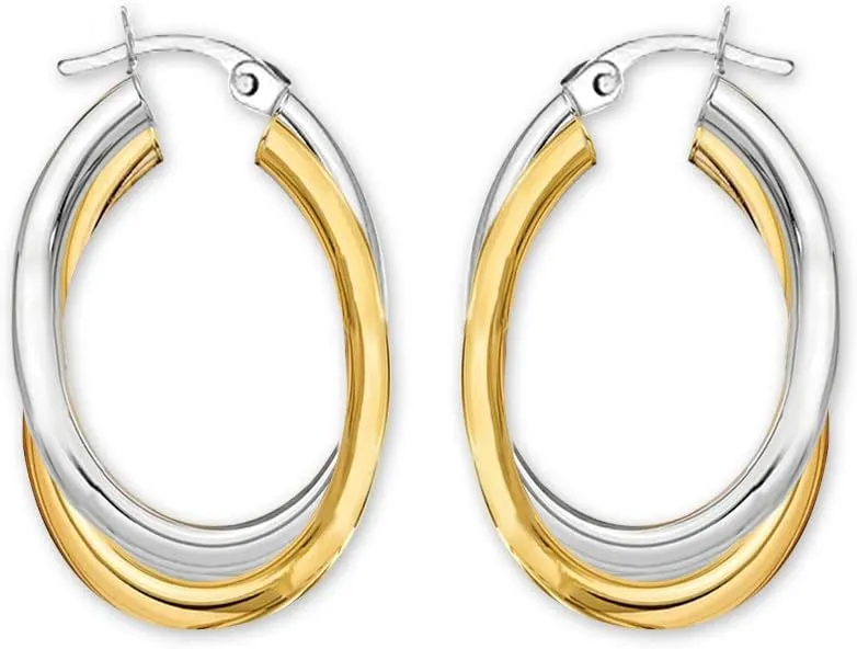 LeCalla 925 Sterling Silver Chunky Hoop Earrings | 14K Two-Tone Three-Tone Hoop Earrings | Intertwining Oval Shape Polished Twisted Hoop Earrings for Women