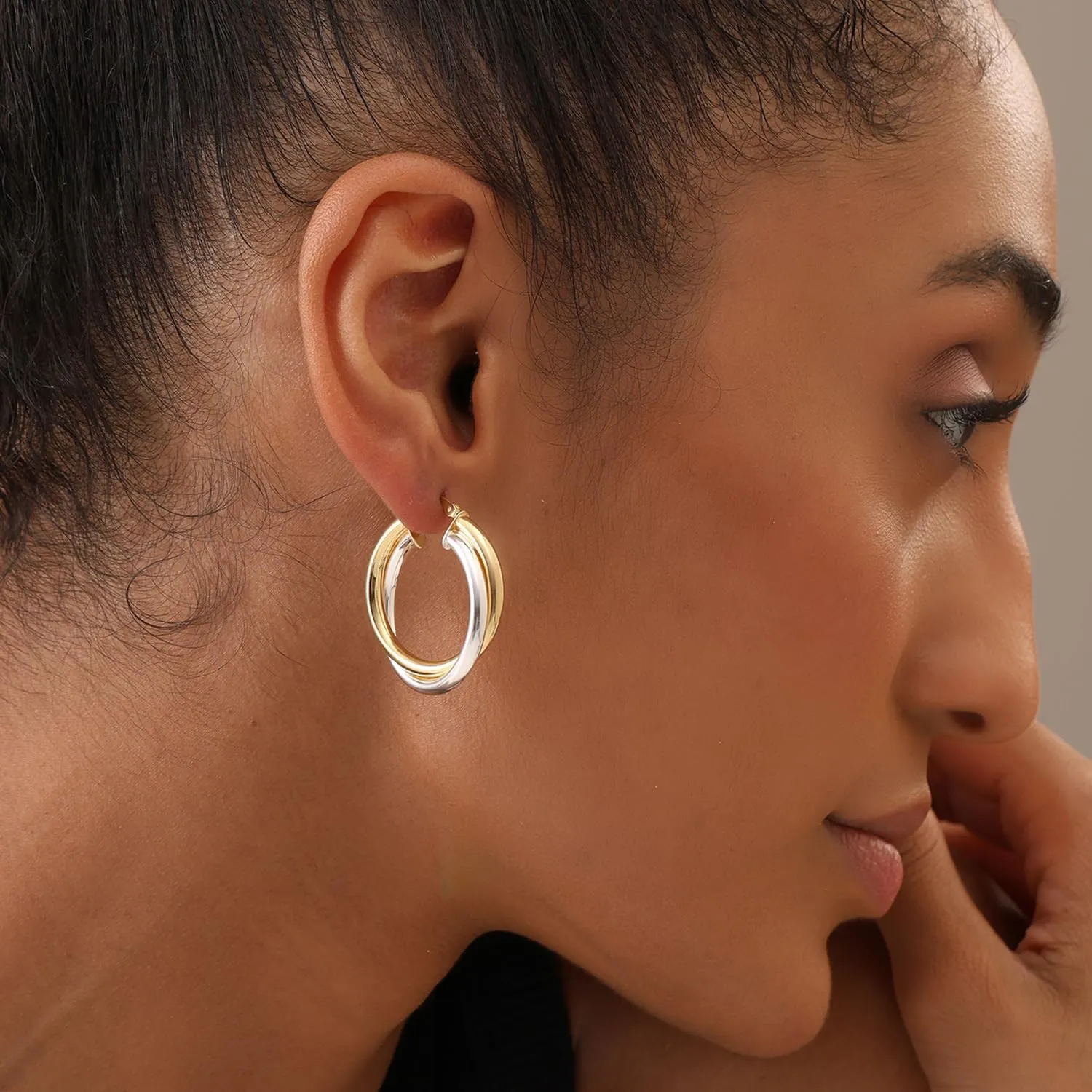 LeCalla 925 Sterling Silver Two-Tone Three-Tone Hoop Earrings Intertwining Round Shape Polished Chunky Hoop Earrings for Women