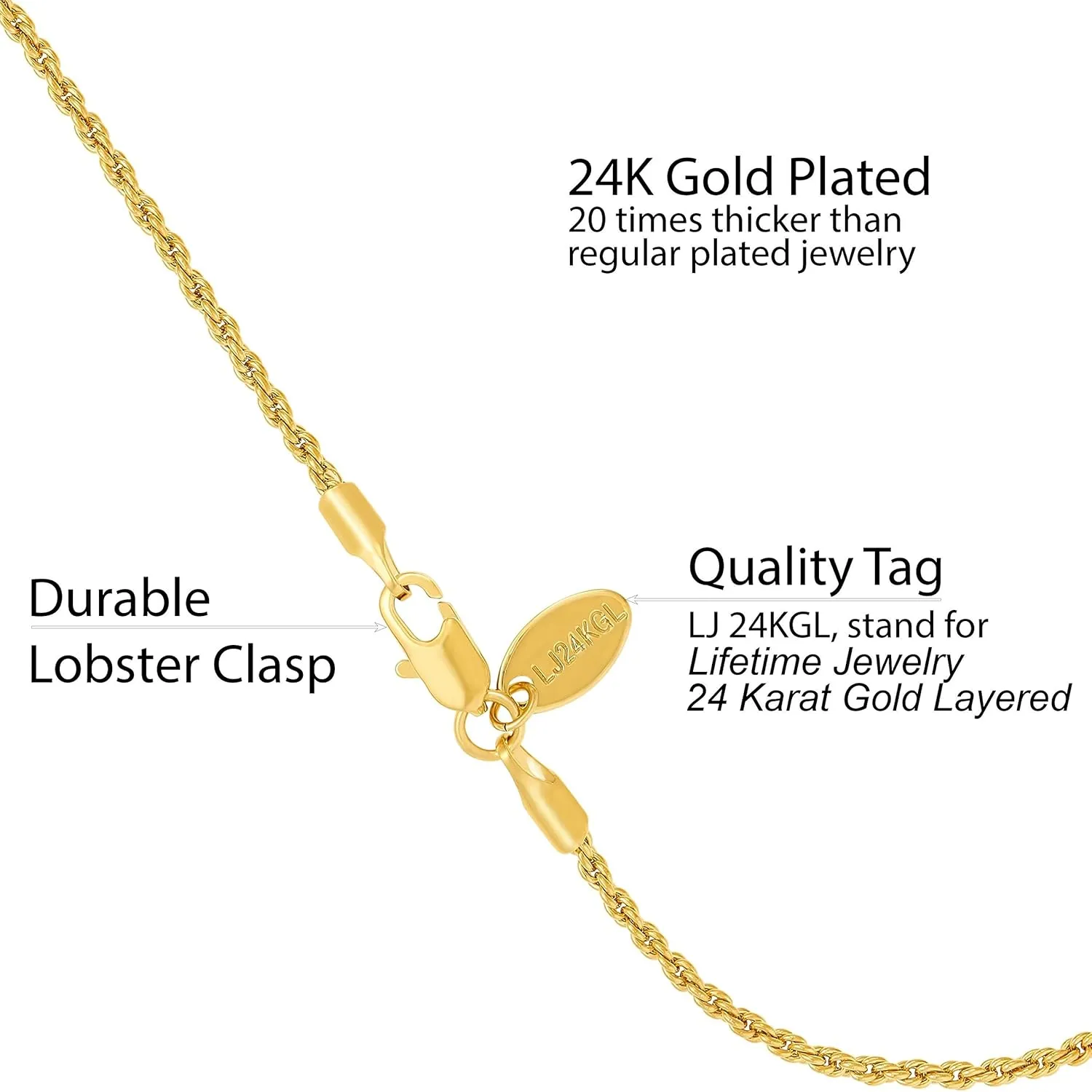 LIFETIME JEWELRY Womens Gold Anklet 1mm Rope Chain Ankle Bracelet 24k Real Gold Plated