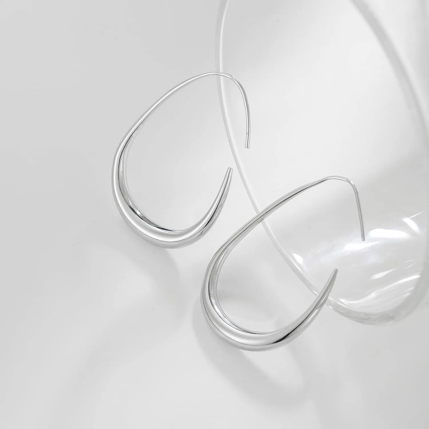 Lightweight Teardrop Hoop Earrings for Women - 14k Gold/White Gold Plated Large Oval Pull Through Hoop Earrings High Polished Statement Jewelry Gift for Women