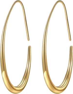 Lightweight Teardrop Hoop Earrings for Women - 14k Gold/White Gold Plated Large Oval Pull Through Hoop Earrings High Polished Statement Jewelry Gift for Women