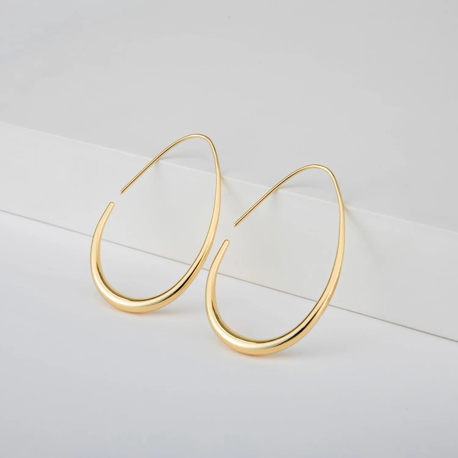 Lightweight Teardrop Hoop Earrings for Women - 14k Gold/White Gold Plated Large Oval Pull Through Hoop Earrings High Polished Statement Jewelry Gift for Women