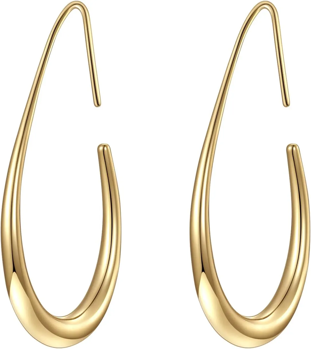 Lightweight Teardrop Hoop Earrings for Women - 14k Gold/White Gold Plated Large Oval Pull Through Hoop Earrings High Polished Statement Jewelry Gift for Women