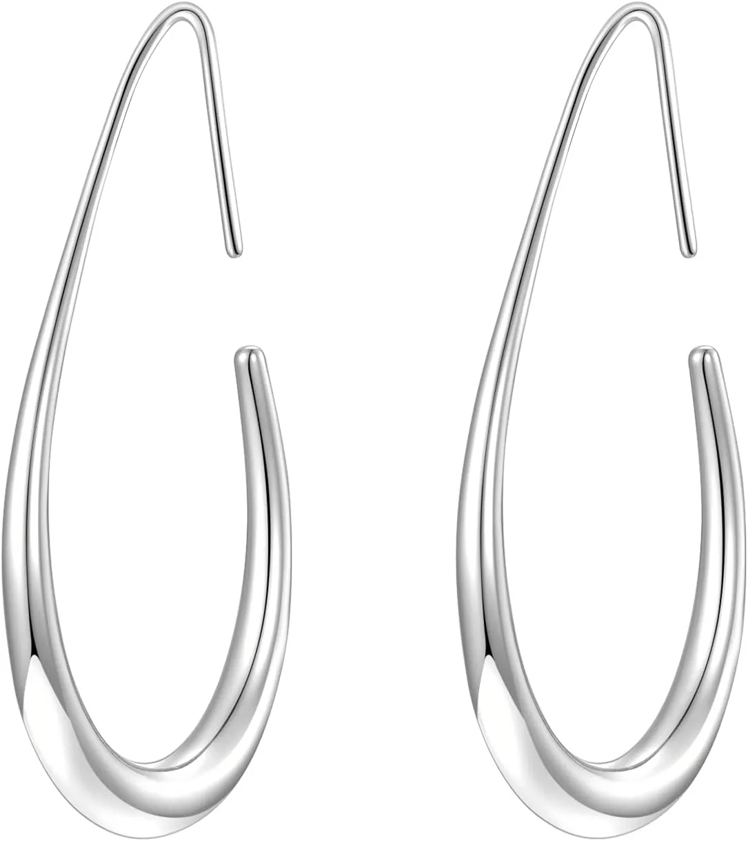Lightweight Teardrop Hoop Earrings for Women - 14k Gold/White Gold Plated Large Oval Pull Through Hoop Earrings High Polished Statement Jewelry Gift for Women