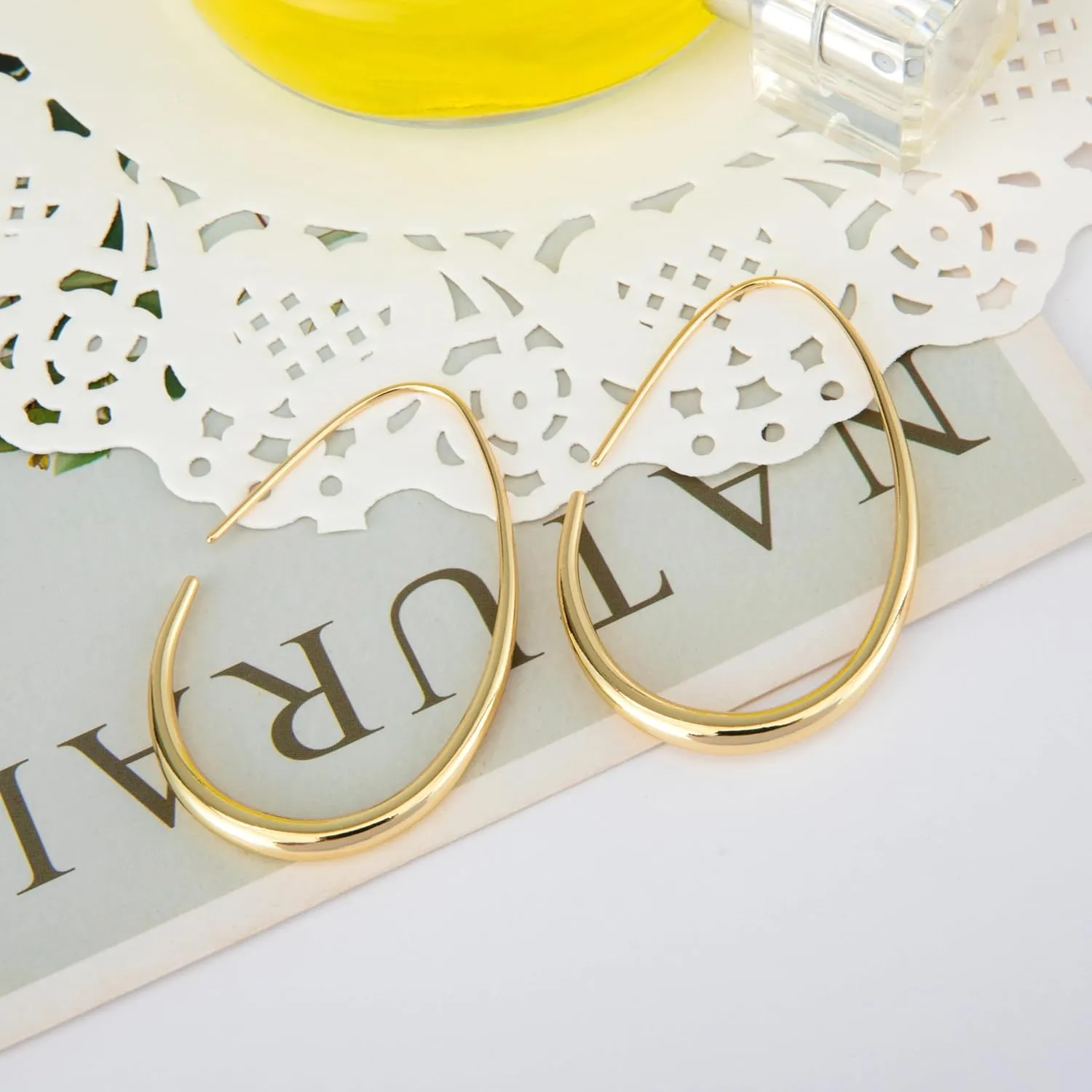 Lightweight Teardrop Hoop Earrings for Women - 14k Gold/White Gold Plated Large Oval Pull Through Hoop Earrings High Polished Statement Jewelry Gift for Women