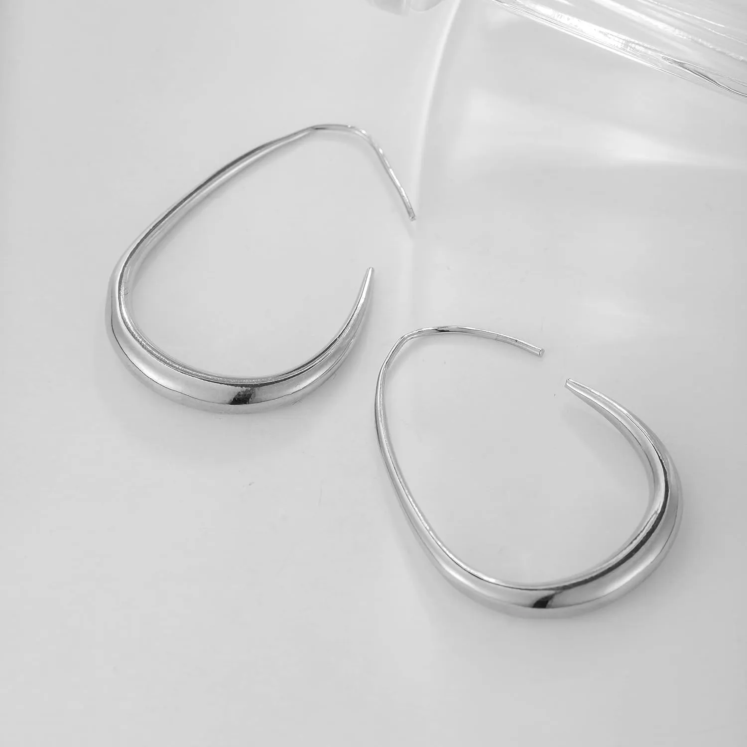 Lightweight Teardrop Hoop Earrings for Women - 14k Gold/White Gold Plated Large Oval Pull Through Hoop Earrings High Polished Statement Jewelry Gift for Women