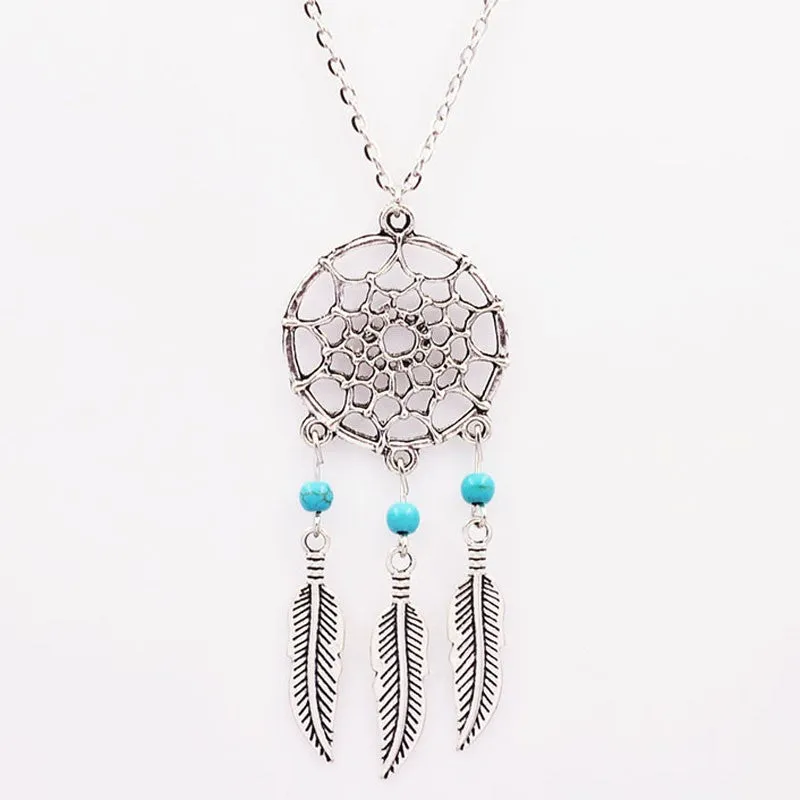 Long Silver Dream Catcher Feather Pendant Necklace
