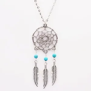 Long Silver Dream Catcher Feather Pendant Necklace