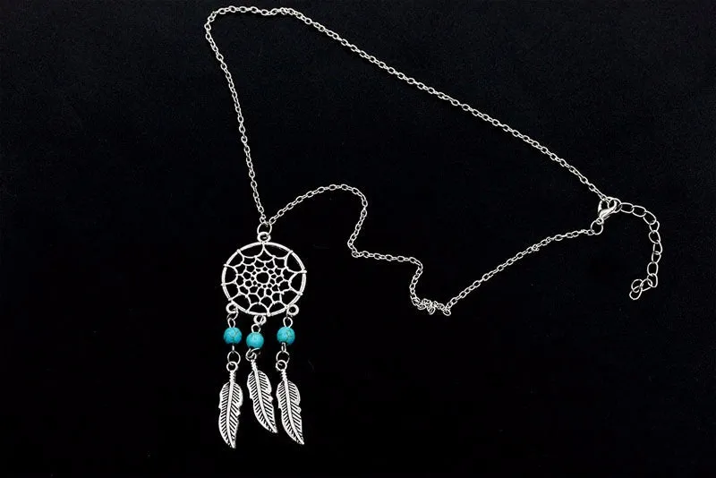 Long Silver Dream Catcher Feather Pendant Necklace