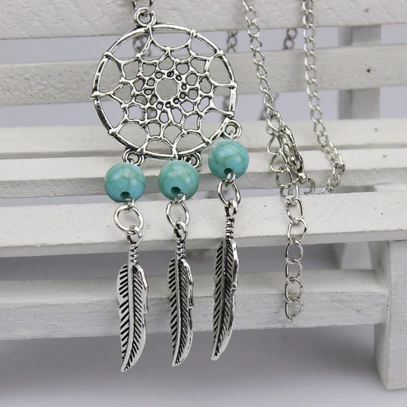 Long Silver Dream Catcher Feather Pendant Necklace