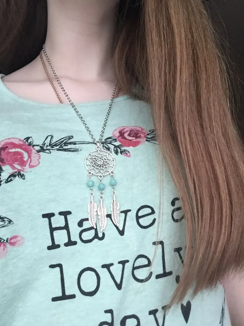 Long Silver Dream Catcher Feather Pendant Necklace