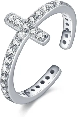 lotus & leaf Cross Rings for Women 925 Sterling Silver Cubic Zirconia Ring Faith Religious Jewelry Cross Gifts for Women