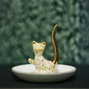 Lovely Cat Ring Holder Ceramic Jewelry Tray Trinket Dish Kitty Table Decor Stand, Natural Pattern as Leopard Piebald. (Smooth Ivory White Combo)