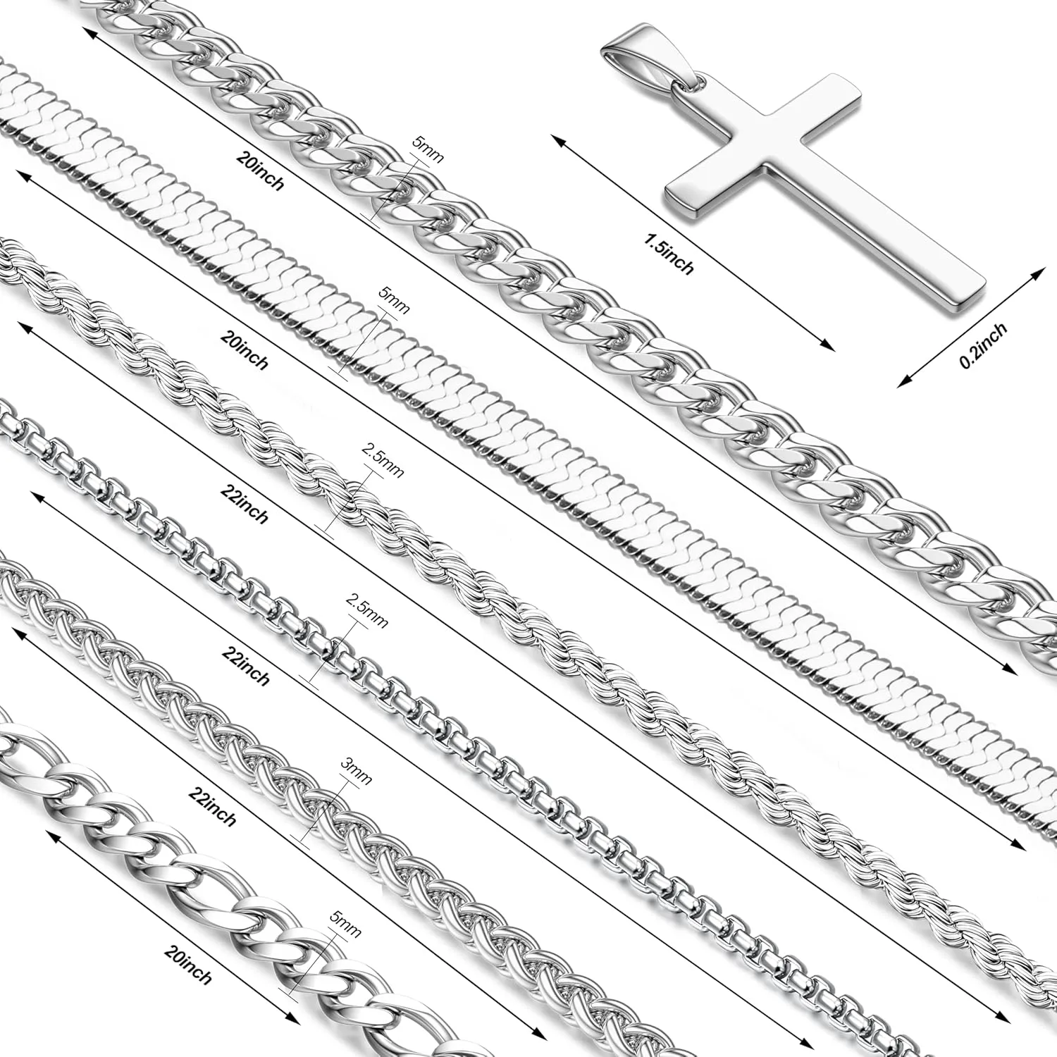 LOYALLOOK 6PCS Silver Chain for Men Women Stainless Steel Cross Chain Layered Cuban Link Figaro Snake Box Chain Cross Pendant Necklace 18-20IN/20-22IN