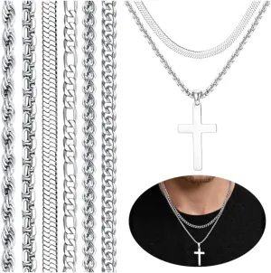 LOYALLOOK 6PCS Silver Chain for Men Women Stainless Steel Cross Chain Layered Cuban Link Figaro Snake Box Chain Cross Pendant Necklace 18-20IN/20-22IN