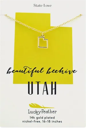 Lucky Feather Utah Shaped State Necklace, 14K Gold-Dipped Pendant on Adjustable 16-18 Chain
