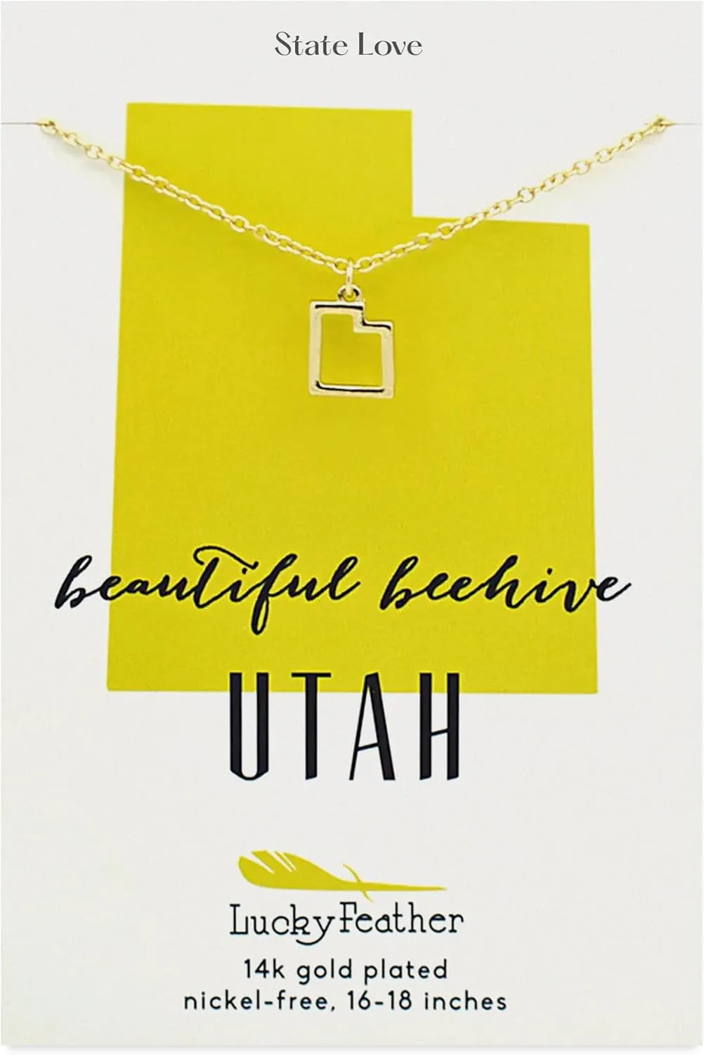 Lucky Feather Utah Shaped State Necklace, 14K Gold-Dipped Pendant on Adjustable 16-18 Chain