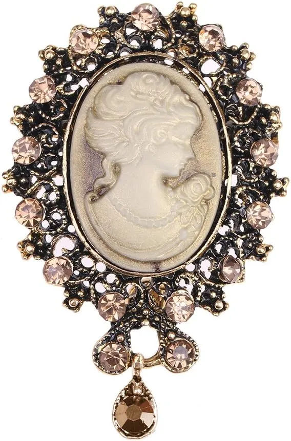 lureme Vintage Elegant Victorian Lady Beauty Cameo with Crystal Brooch Pin (br000017)
