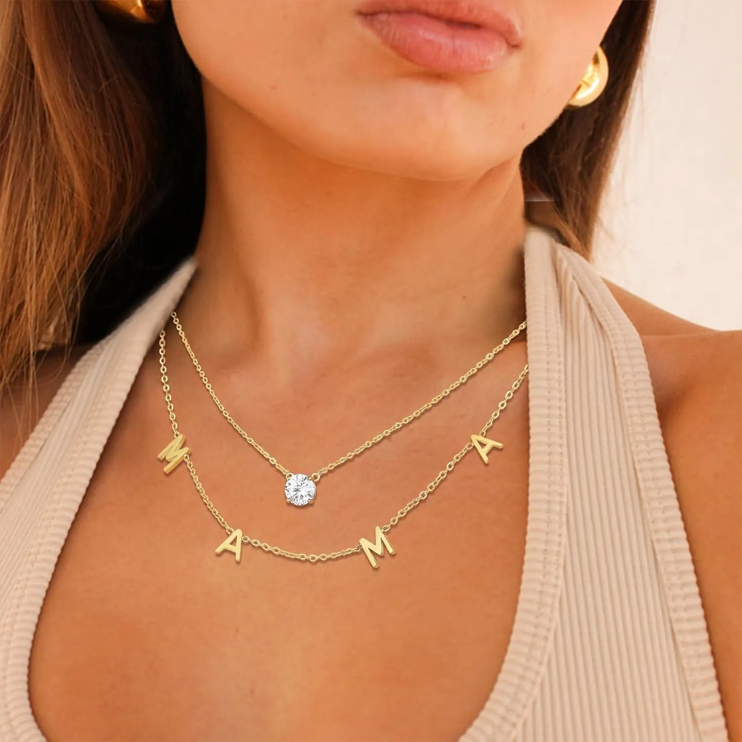 Mama Necklaces for Women 18K Gold Layered Mom Pendant Necklace With CZ Mother's Day for New Mom Mama Gifts
