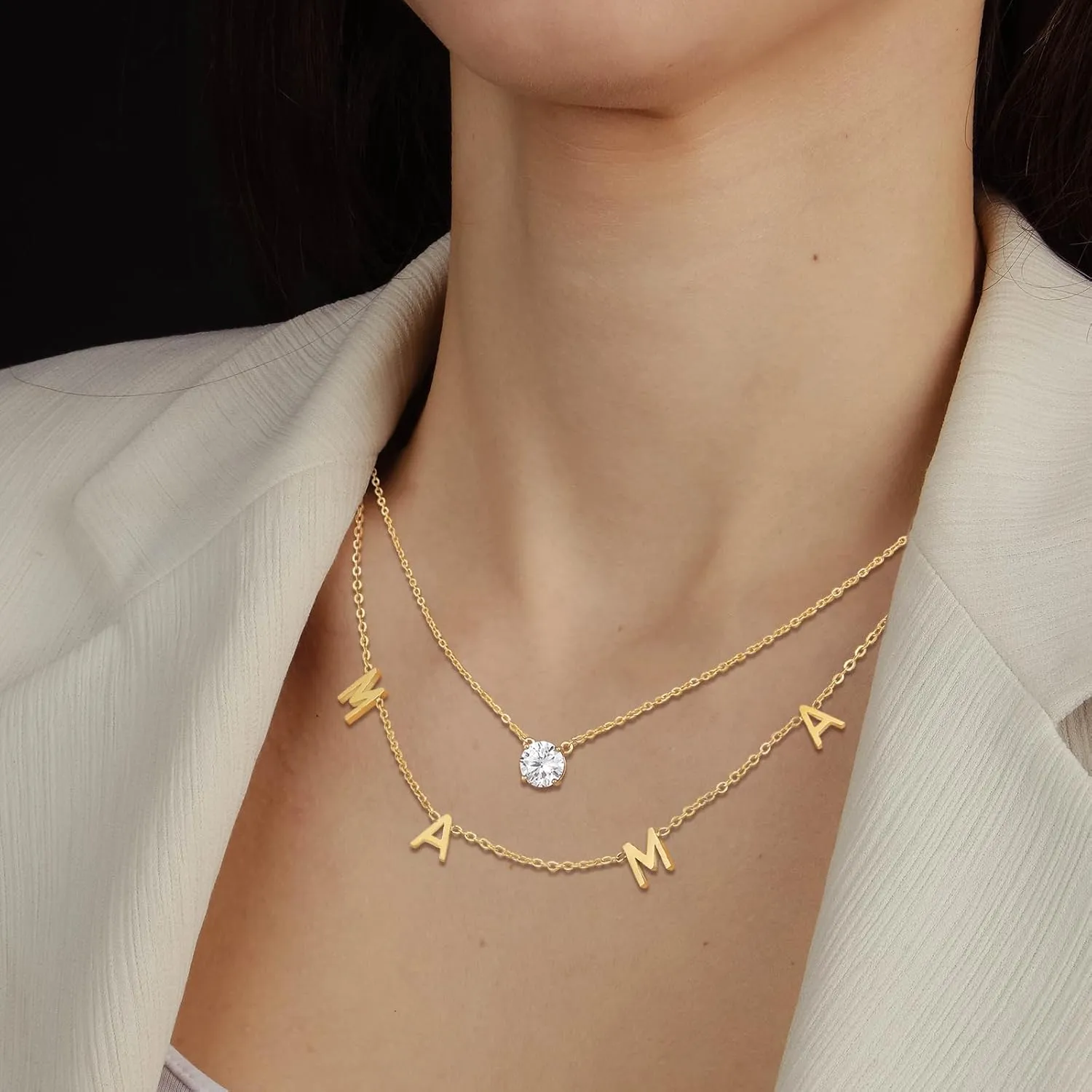 Mama Necklaces for Women 18K Gold Layered Mom Pendant Necklace With CZ Mother's Day for New Mom Mama Gifts