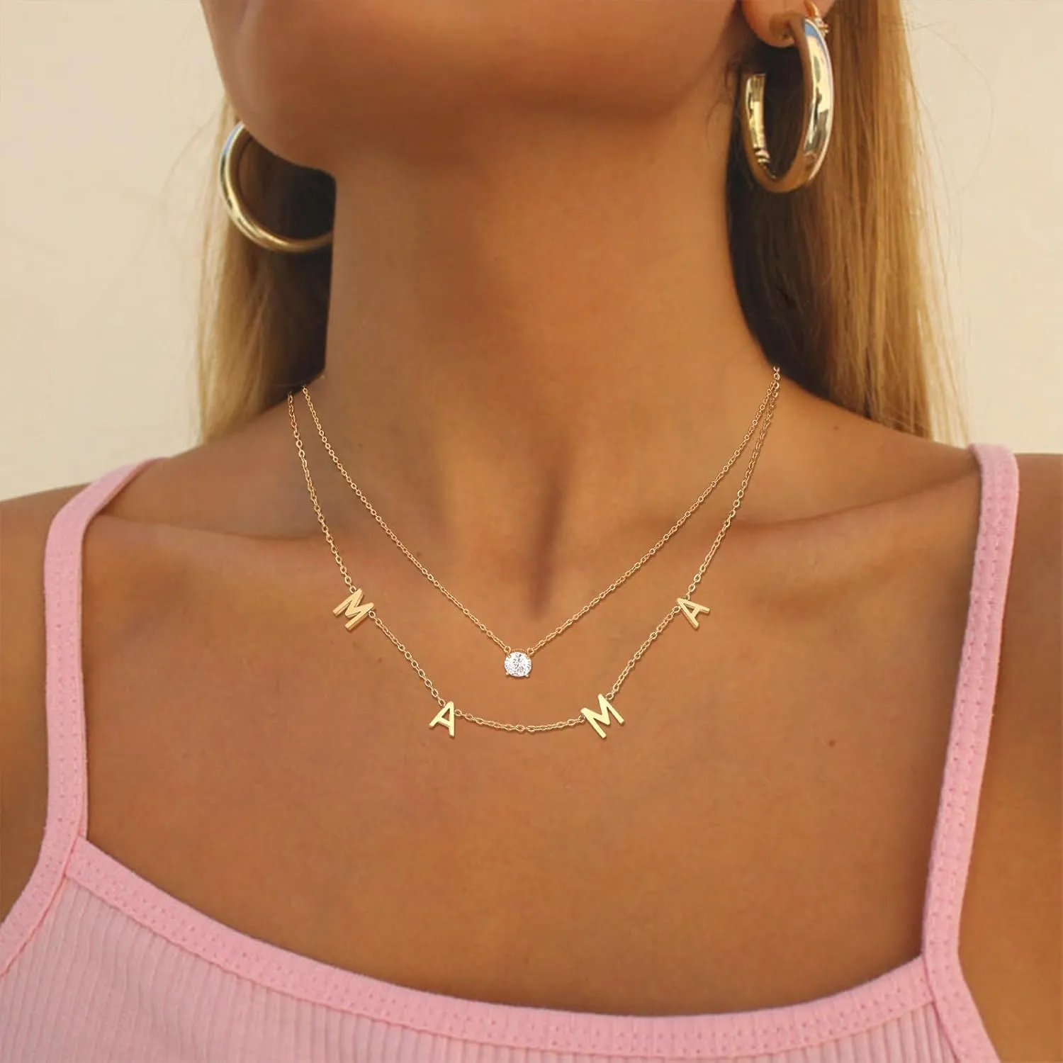 Mama Necklaces for Women 18K Gold Layered Mom Pendant Necklace With CZ Mother's Day for New Mom Mama Gifts