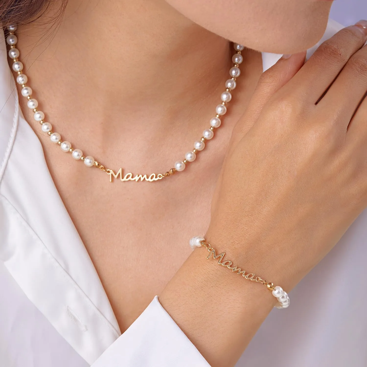 MAMA Pearl Necklace Bracelet for Women Gold Infinity Necklace Bracelet Set Golden Jewelry Set for Mom Mother's Day Costume Jewelry Accessories