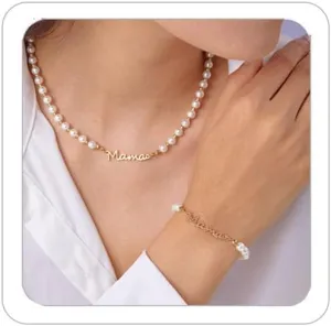 MAMA Pearl Necklace Bracelet for Women Gold Infinity Necklace Bracelet Set Golden Jewelry Set for Mom Mother's Day Costume Jewelry Accessories