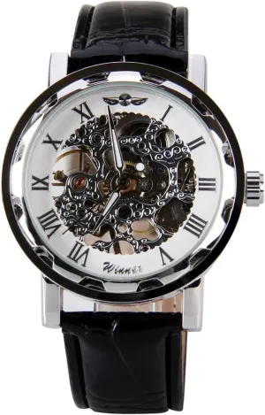 MASTOP Unisex Black Leather Stylish White Skeleton Dial Hand-Wind Up Mechanical Casual Wrist Watch