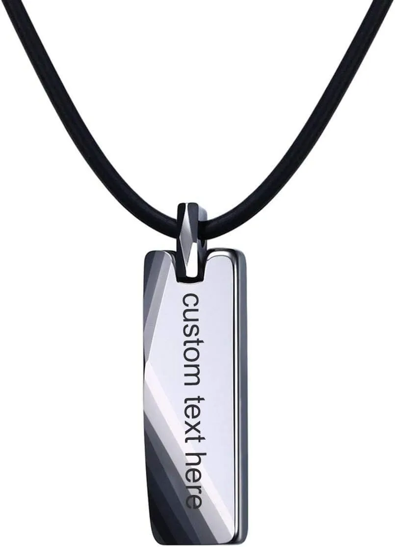 MEALGUET Personalized Tungsten Bar Pendant,Men's Polished Engravable Name Initial Bar Pendant Necklace