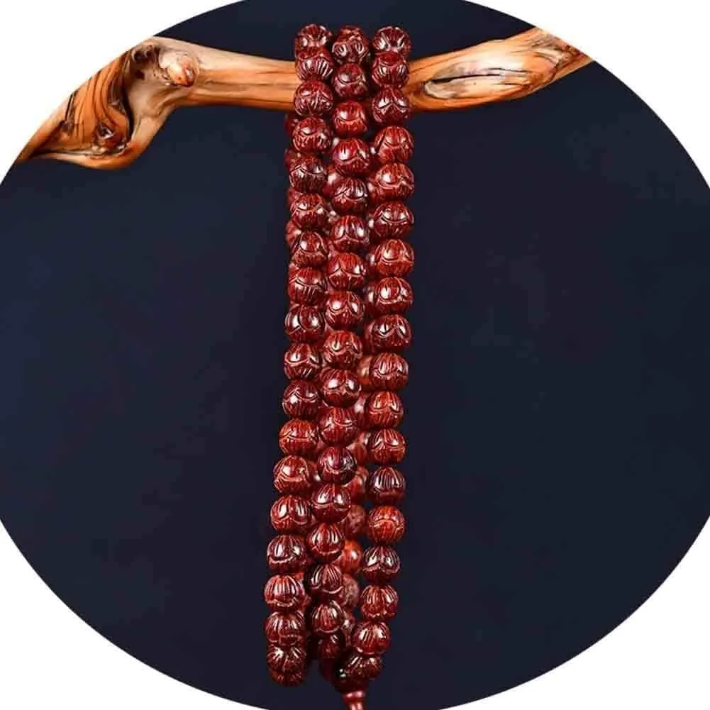 Meditation Buddhist Prayer Beads Necklace, Bracelet, 108 Prayer Beads Bracelet 8/6MM Natural Rosewood Tibetan Buddhist Buddha with Carved Lotus Shape Bead Bracelet/Necklace for Chinese Knot Gift ( Col