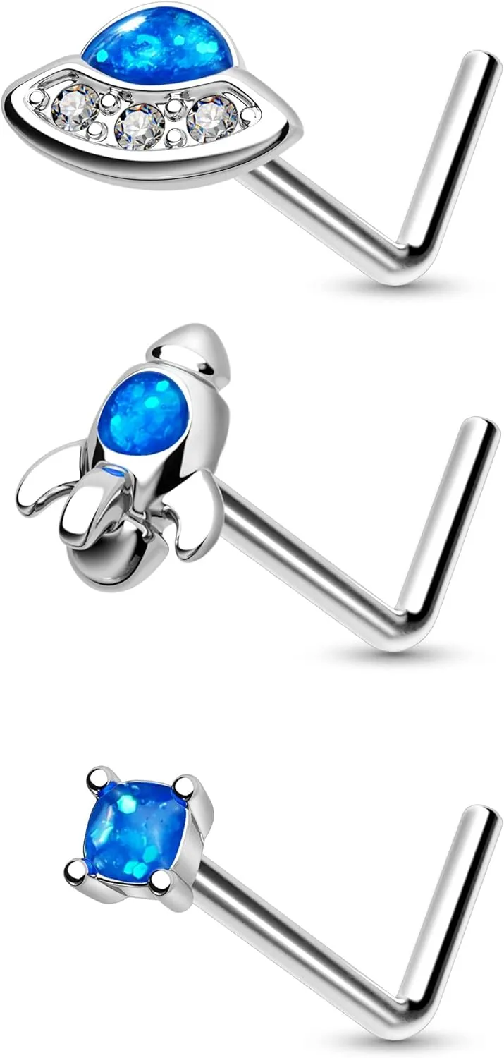 MeIighting 3PCS Nose Rings 20G Spacecraft Nose Studs Stainless Steel 316L Blue Nose Piercing Jewelry L Shaped for Women Men Body Piercing Jewelry