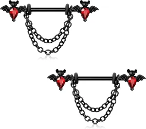 Melighting Surgical Steel 14G Black Nipple Barbell - Clear Red CZ Halloween Dangle Body Piercing Jewelry