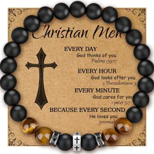 Men Bracelet Set Tigers Eye Bracelet 8mm Black adjustable Beaded Summer Cuff Charm Bracelets for son Husband Elegant Cross Bracelet (Christian Men)