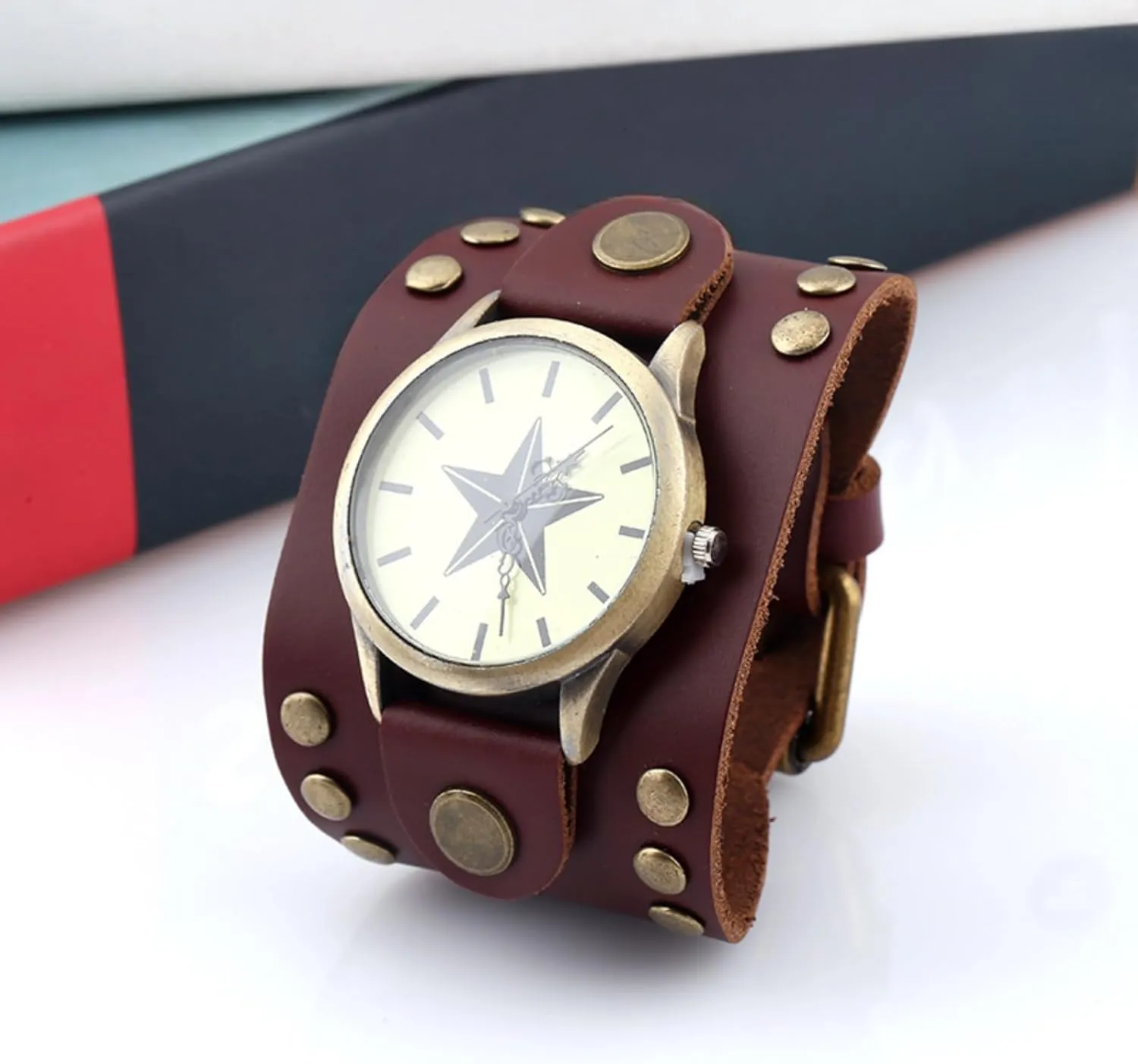 Mens Casual Watch, Retrol Punk Leather Bracelet Quartz Watch, Wide Leather Fashion Cuff Wristwatch