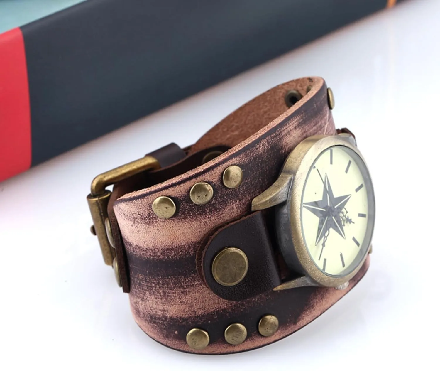 Mens Casual Watch, Retrol Punk Leather Bracelet Quartz Watch, Wide Leather Fashion Cuff Wristwatch