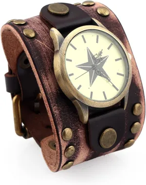 Mens Casual Watch, Retrol Punk Leather Bracelet Quartz Watch, Wide Leather Fashion Cuff Wristwatch