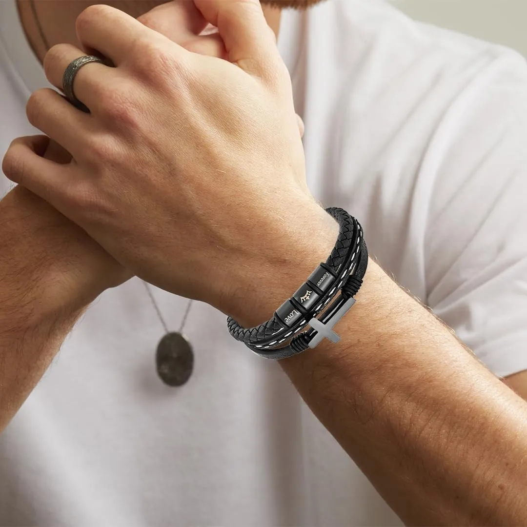 Mens Cross Bracelet Religious Bangle Black Microfiber Leather Cuff Bracelets Forever Love of God Religious Jewelry Gift for Dad/Husband