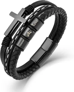 Mens Cross Bracelet Religious Bangle Black Microfiber Leather Cuff Bracelets Forever Love of God Religious Jewelry Gift for Dad/Husband