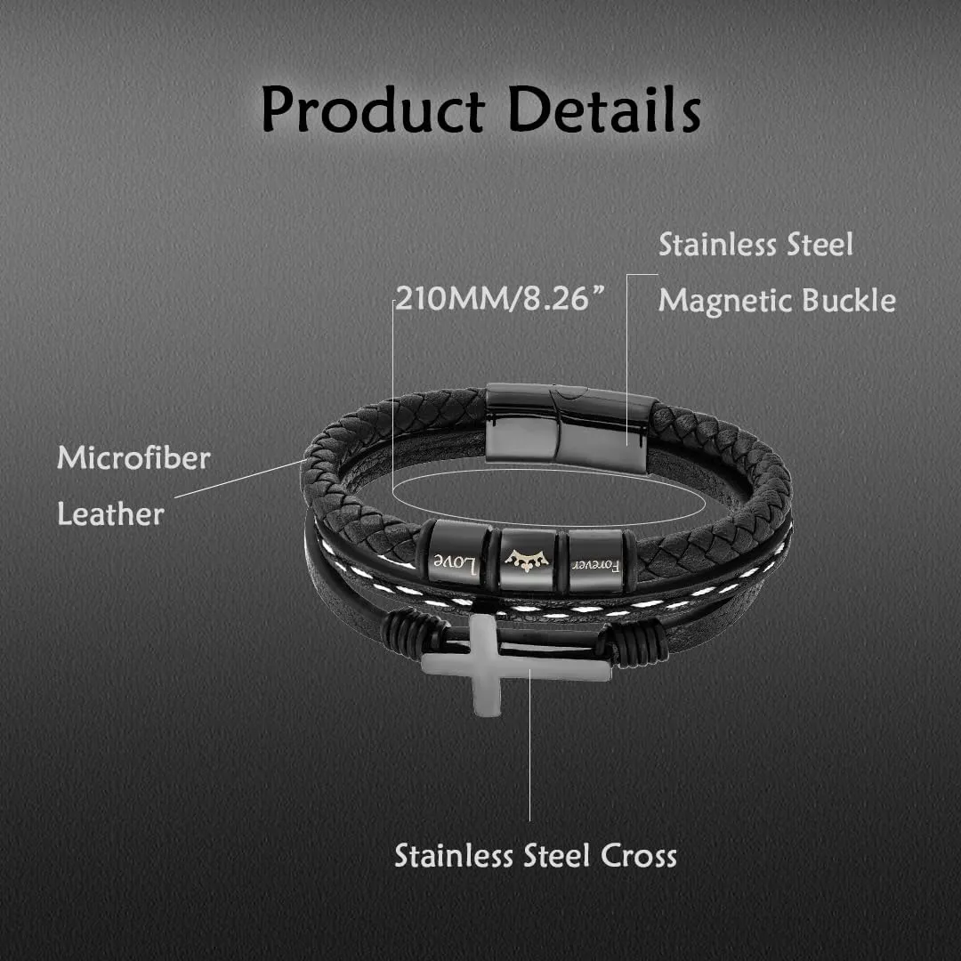 Mens Cross Bracelet Religious Bangle Black Microfiber Leather Cuff Bracelets Forever Love of God Religious Jewelry Gift for Dad/Husband