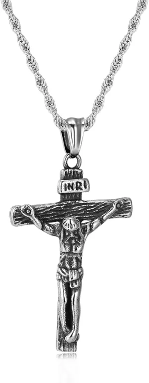 Mens Cross Necklace, Silver Gold Stainless Steel Cross Chain for Men, Cubic Zirconia Cross Pendant Necklaces Rope Chain Christain Jewelry Gift