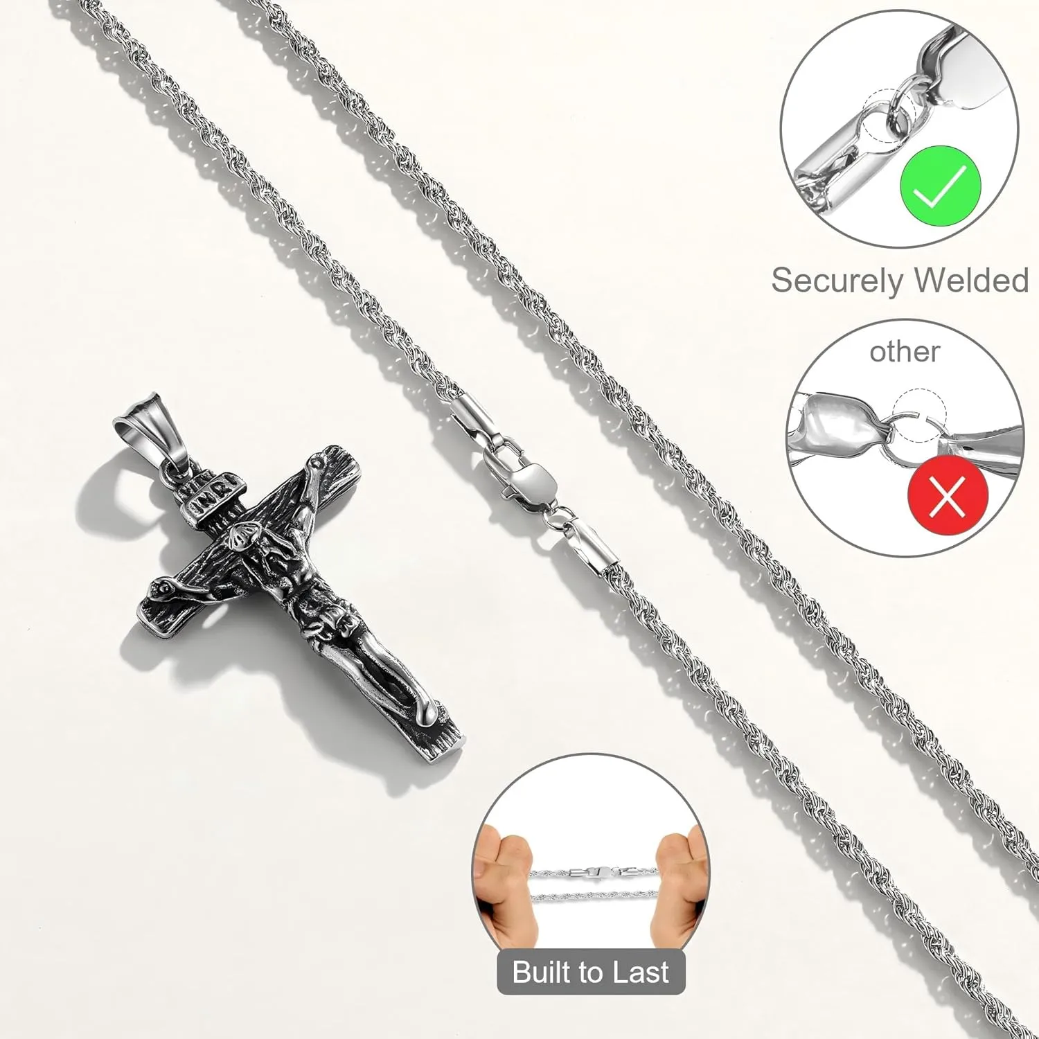 Mens Cross Necklace, Silver Gold Stainless Steel Cross Chain for Men, Cubic Zirconia Cross Pendant Necklaces Rope Chain Christain Jewelry Gift