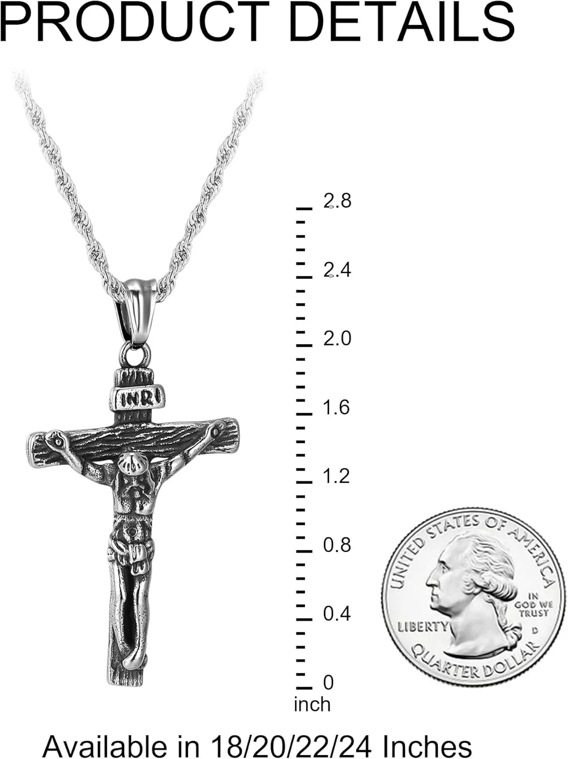 Mens Cross Necklace, Silver Gold Stainless Steel Cross Chain for Men, Cubic Zirconia Cross Pendant Necklaces Rope Chain Christain Jewelry Gift