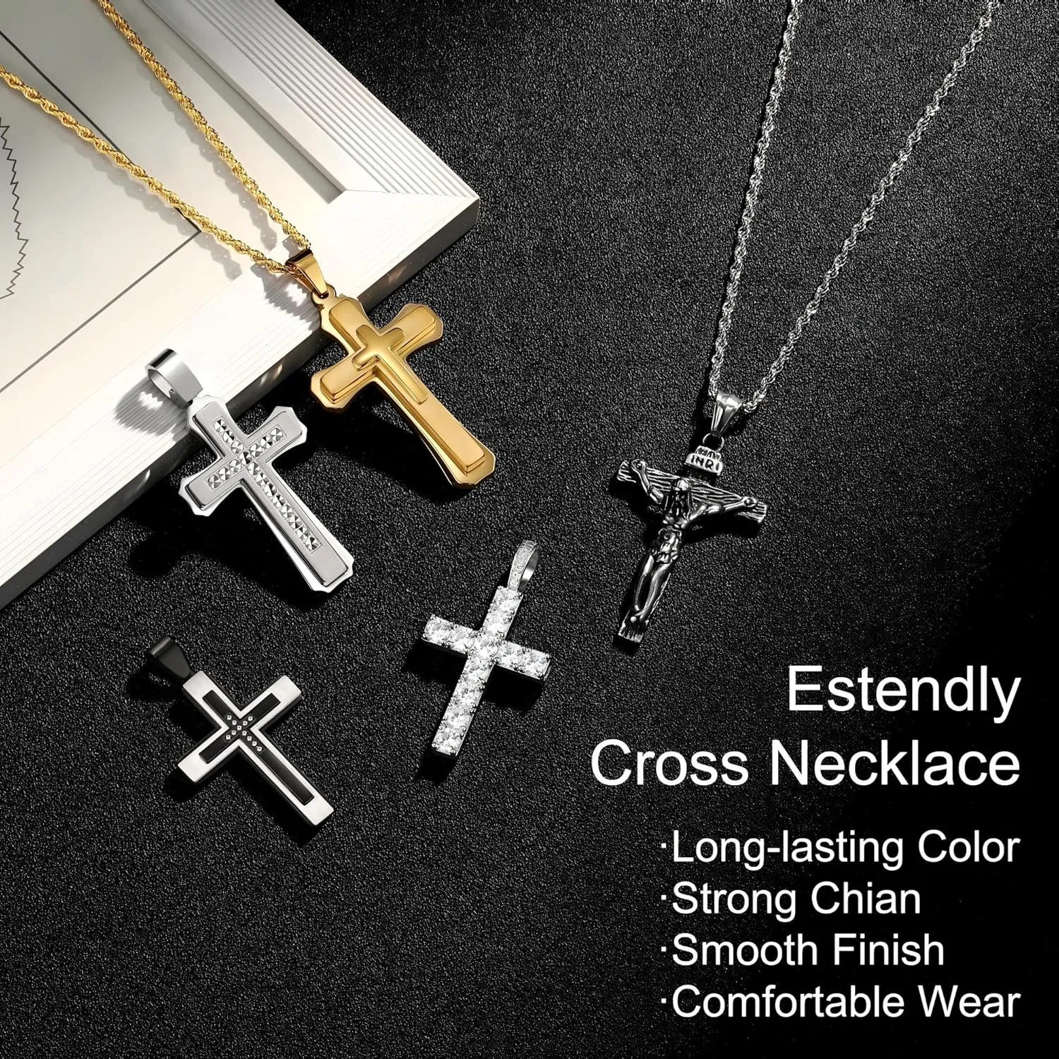 Mens Cross Necklace, Silver Gold Stainless Steel Cross Chain for Men, Cubic Zirconia Cross Pendant Necklaces Rope Chain Christain Jewelry Gift