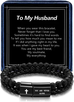Men's Inspirational Christian Bracelet Lava Rock Bead Bracelets Healing Balancing Braided Leather Wristband Bracelet Gifts for Men Dad Husband